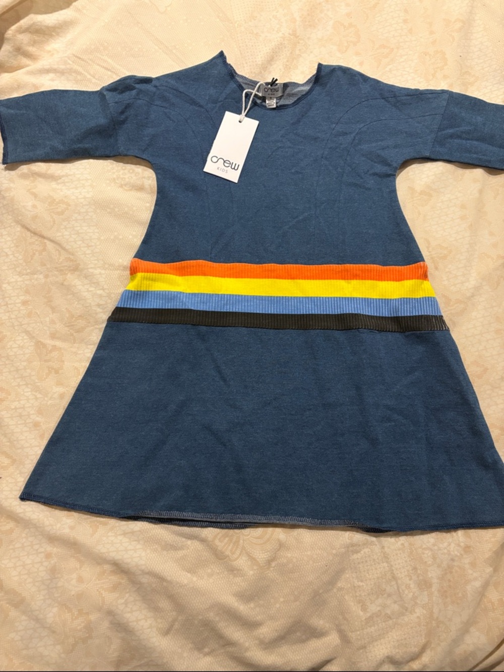Crew Kids Blue Knit Dress with Rainbow Waist Stripes